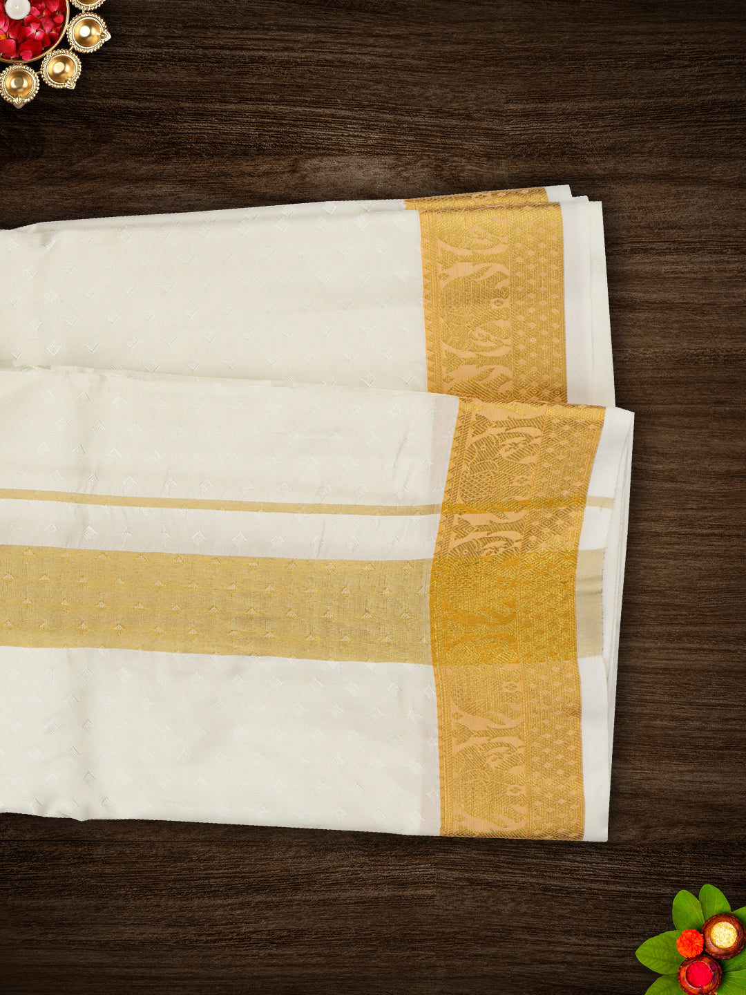 Mens Art Silk Zari Dhoti & Shirting Set Cream Mangalakara