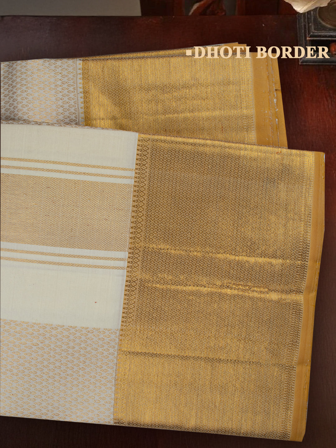 Men Premium Pure Silk Cream Dhoti & Towel Set with 6" inch Gold Jari Border Amirtham AM18