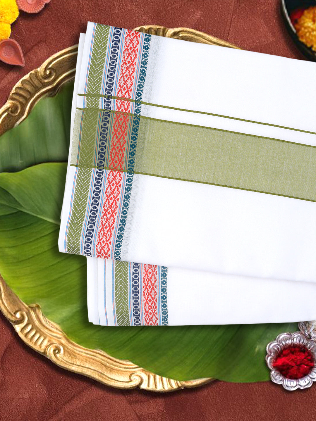 Men Cotton Green Fancy Border Panchakacham with Angavasthram (9+5) JD01
