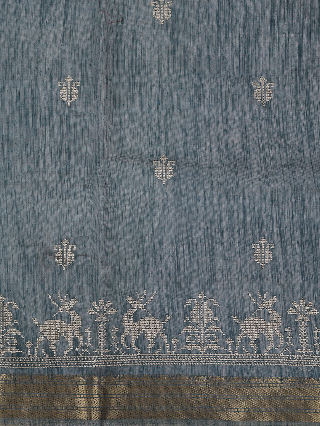 Women Semi Linen Peacock Blue Embroidered Saree SL274