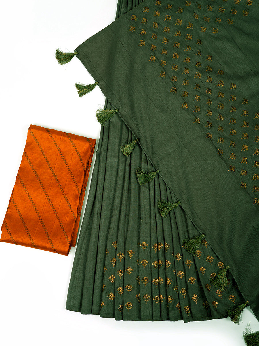 Womens Semi Tussar Flower Embroidery Green Colour Saree ST81-View one