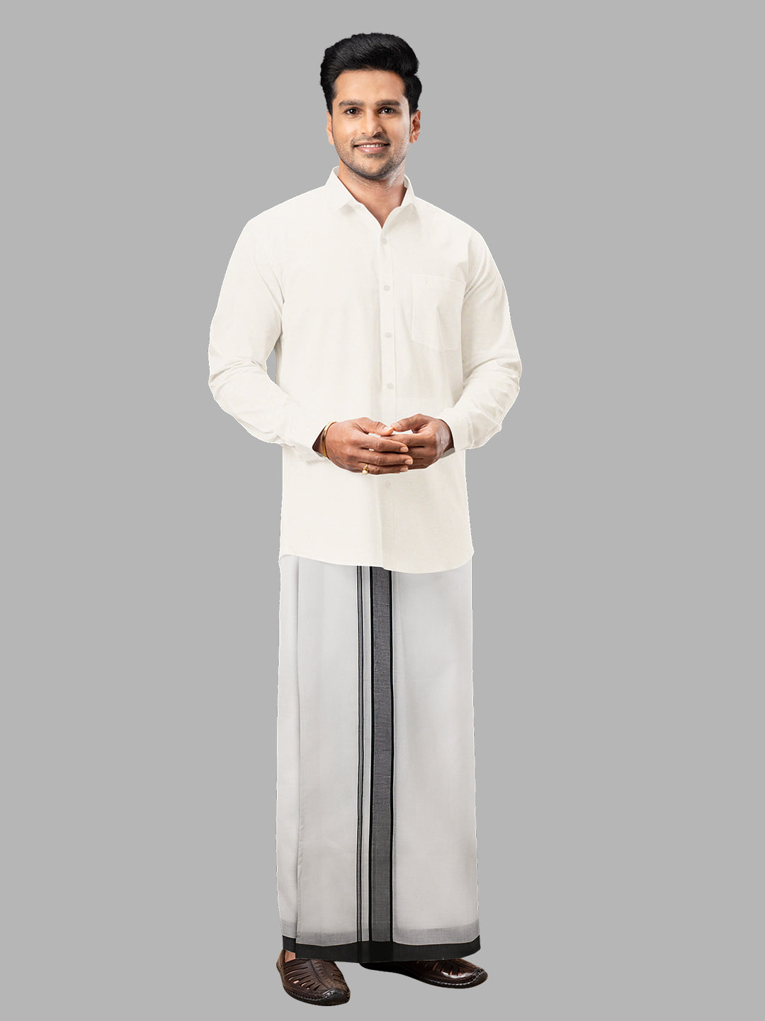 Men Black Fancy Border Double Layer White Dhoti RP2