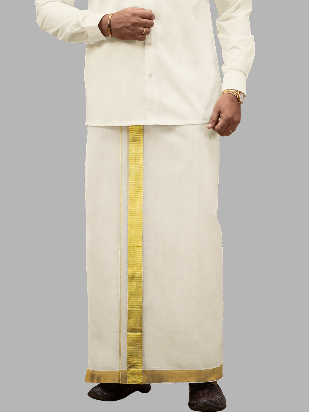 Men Cream with 1 1/2" Gold Jari Border Double Layer Kora Dhoti Woven Gold