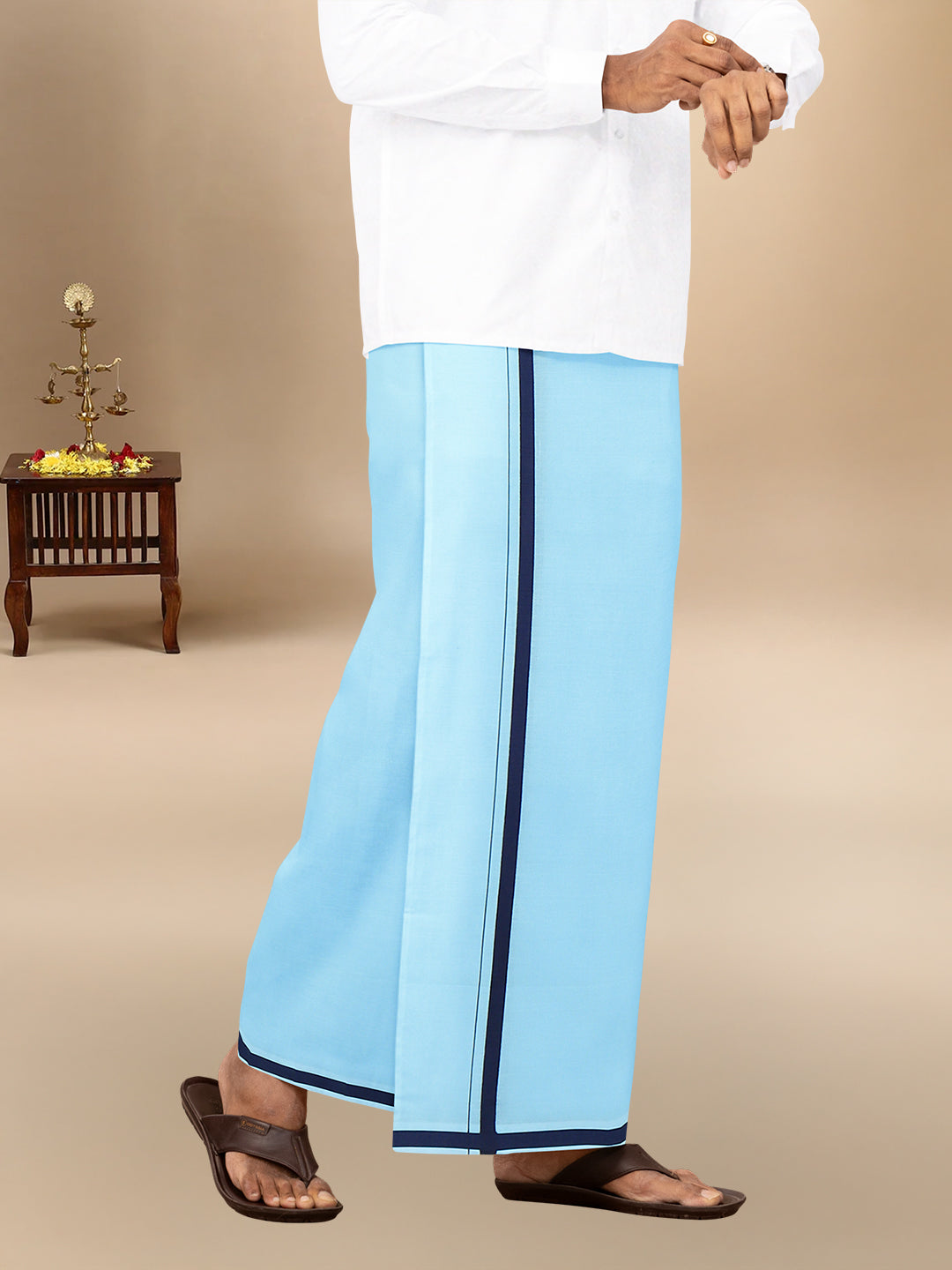 Men 100% Cotton Single Layer Mint Blue Dhoti with Big Border Poojan