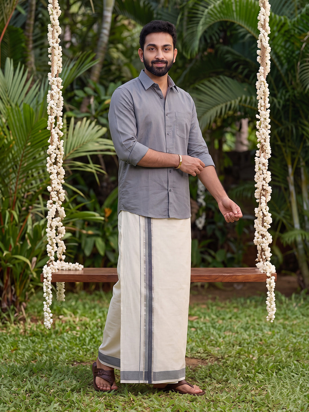 Double Layer Kora Cotton Cream Dhoti with Colour Jari Border - Excel 3.9m ESJ01