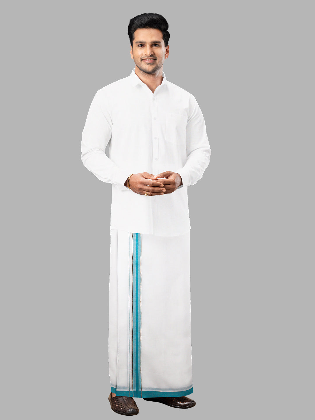 Men Blue Fancy Jari Border Double Layer White Dhoti PJF1