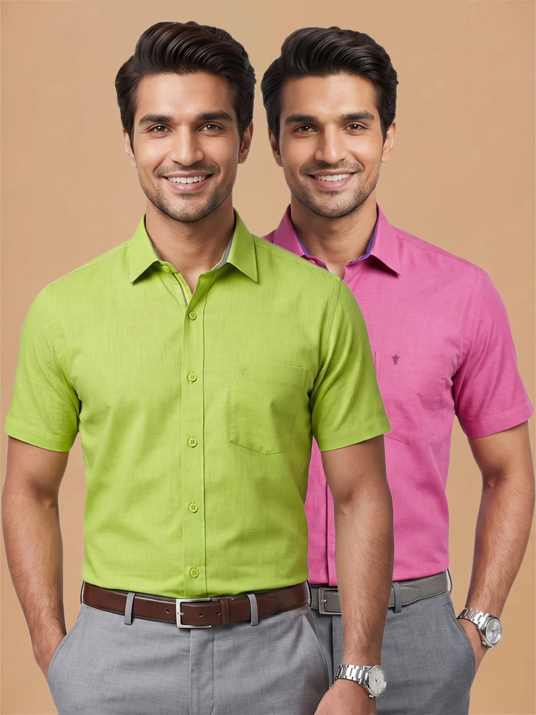 Pack of 2 | 100% Cotton Smart Fit Shirts - Pink & Yellowish Green