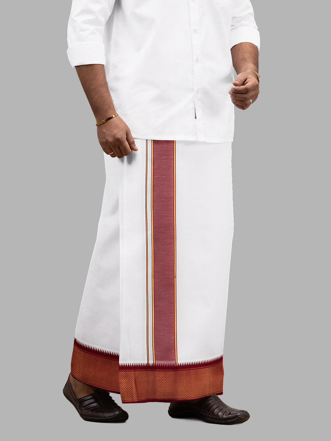 Men Cotton Blend Single Layer White Dhoti with Mayilkhan Border Kalki(4 Way Dhoti)
