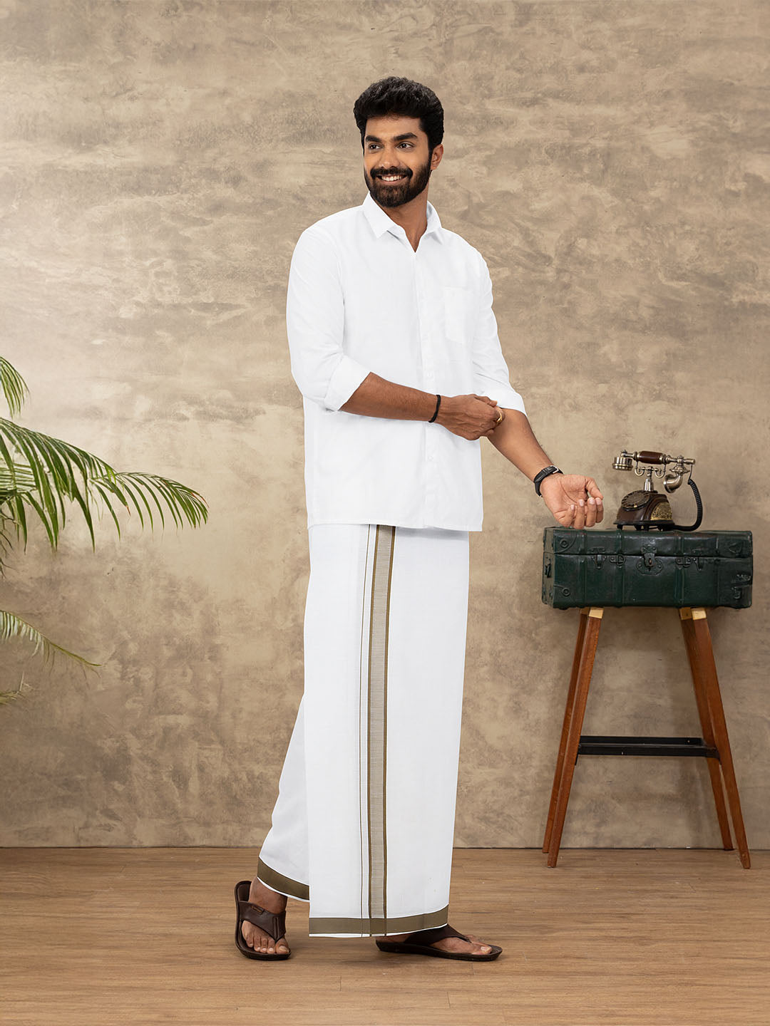 Men Cotton Blend Single Layer White Dhoti with Double Side Fancy Border HM 09