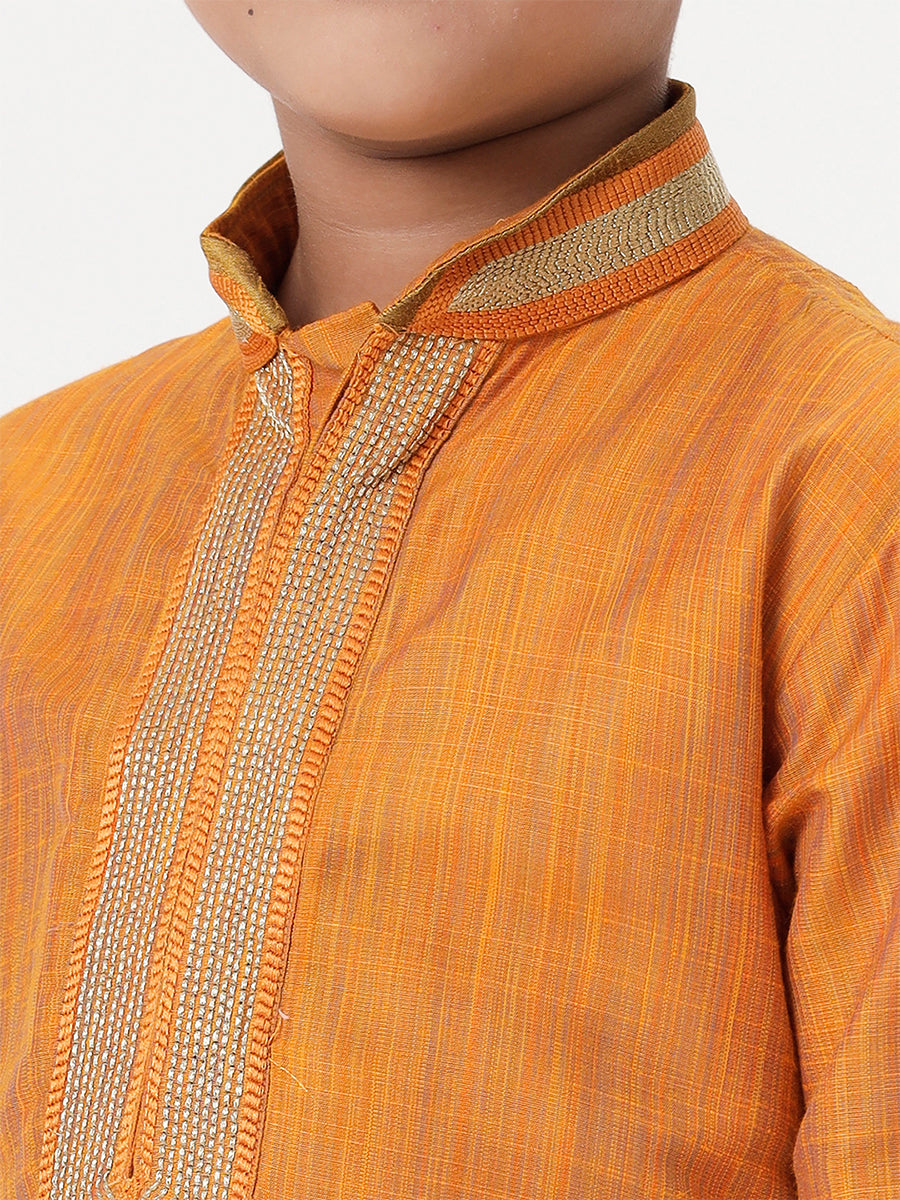 Boys Cotton Embellished Neckline Full Sleeves Orange Kurta-zoom view