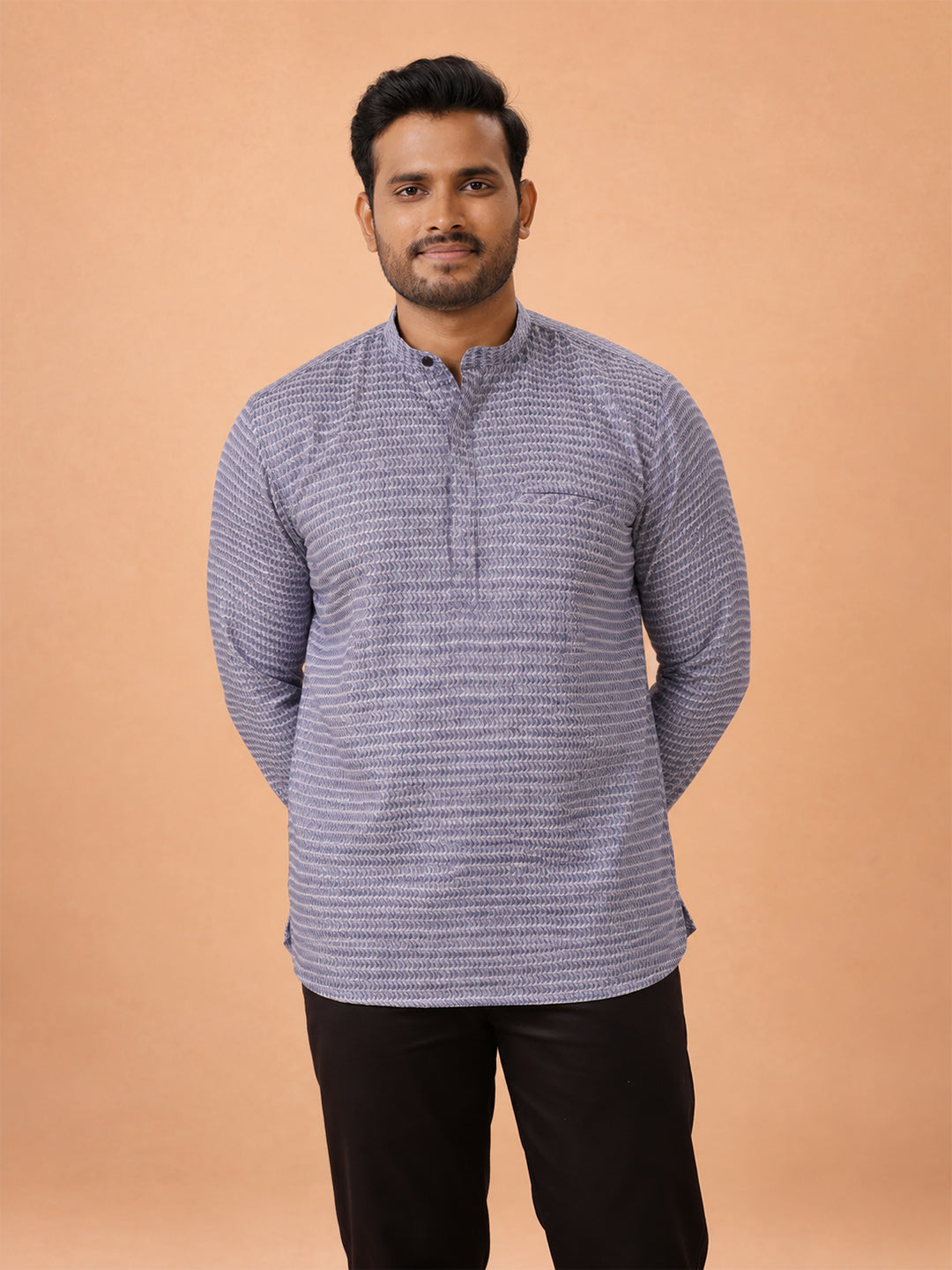 Cotton Short Length Self Design Pocket Kurta Denim Blue RJ44