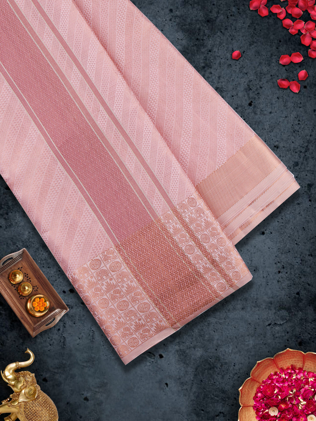 Pure Silk Embossed 5" Pink Jari Border Dhoti With Towel Thirukalyan-View three