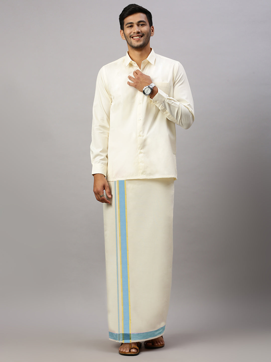 Mens Blue Jari Fancy Border Kora Dhoti EGJ03