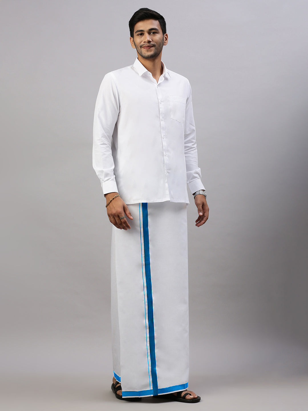 Men Blue Border Single Layer White Dhoti Winner Spl WS20