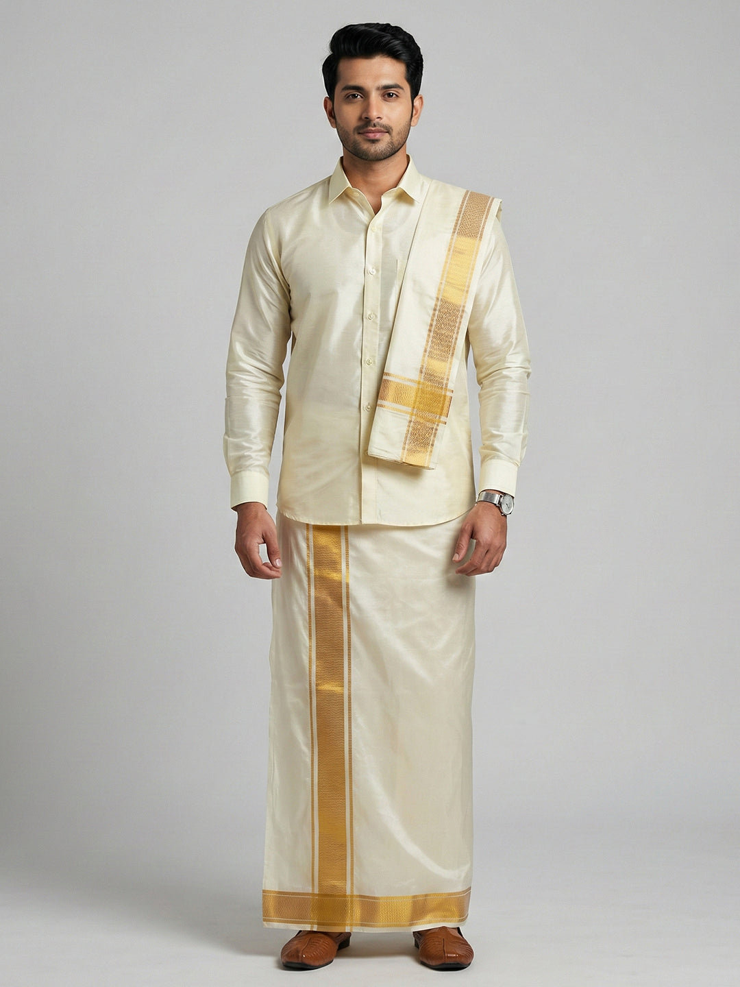 Men Art Silk Shirt & Dhoti Towel Set Butterscotch Bandham BSD1