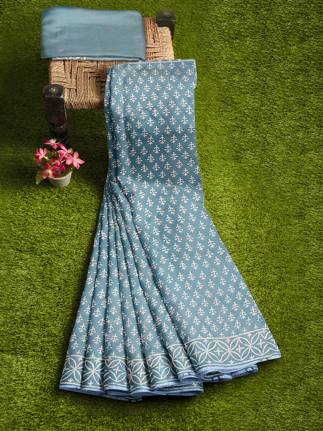Women Teal Blue Semi Tussar Printed Saree ST304