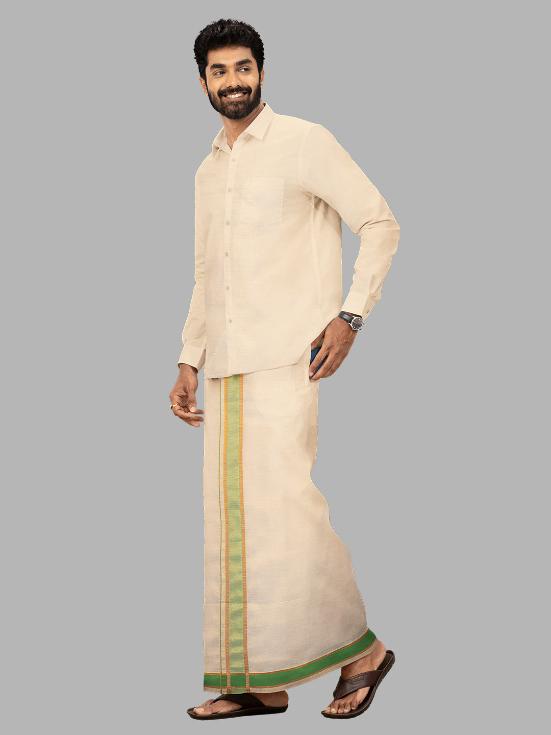 Men Green Fancy Jari Border Tissue Adjustable Pocket Dhoti