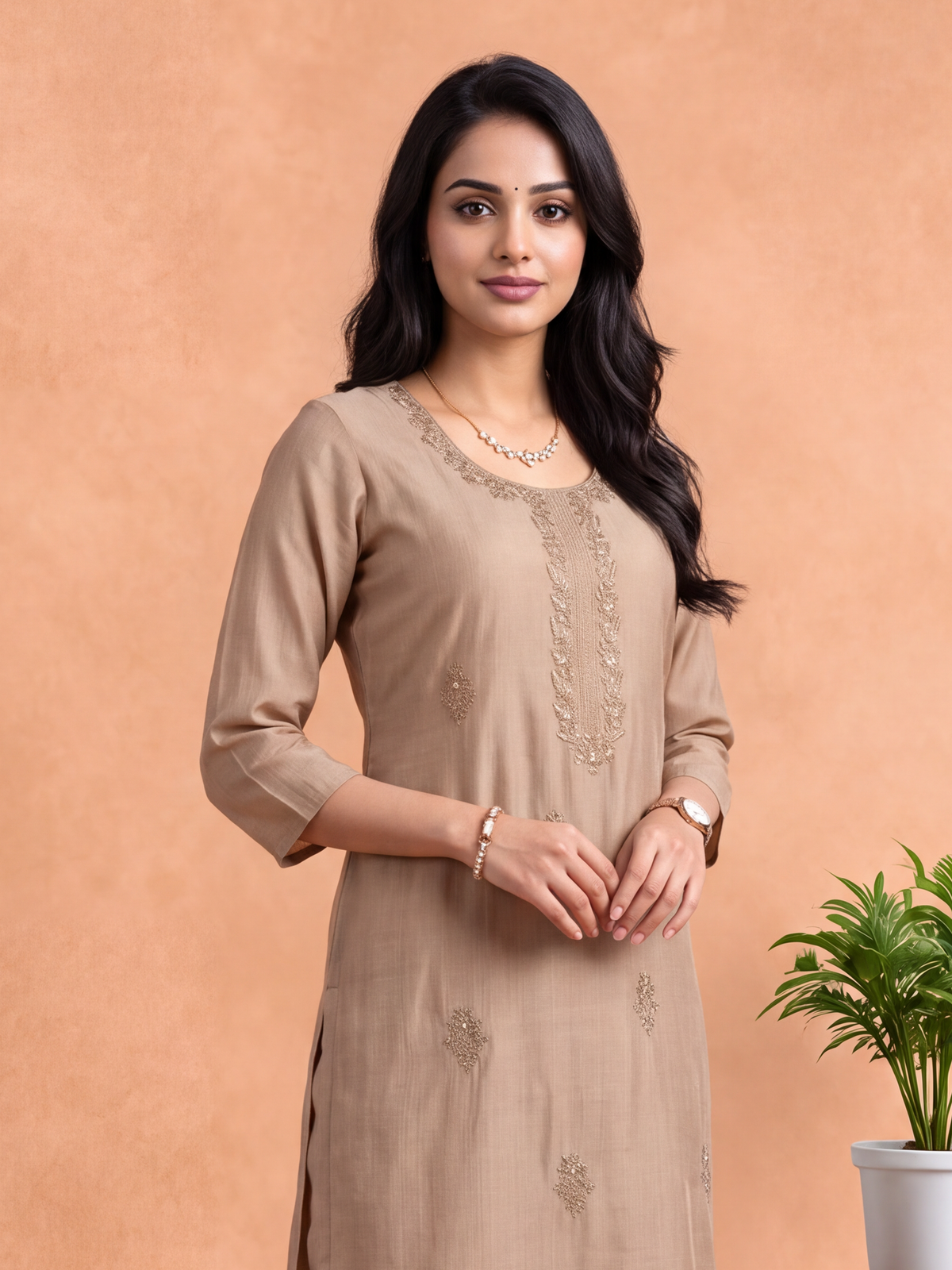 Women Embroidered Beige Kurti Set EKS158