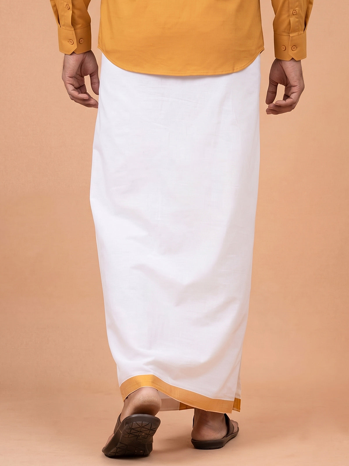 Double Layer 100% Cotton White Dhoti With Mustard Border - RS08