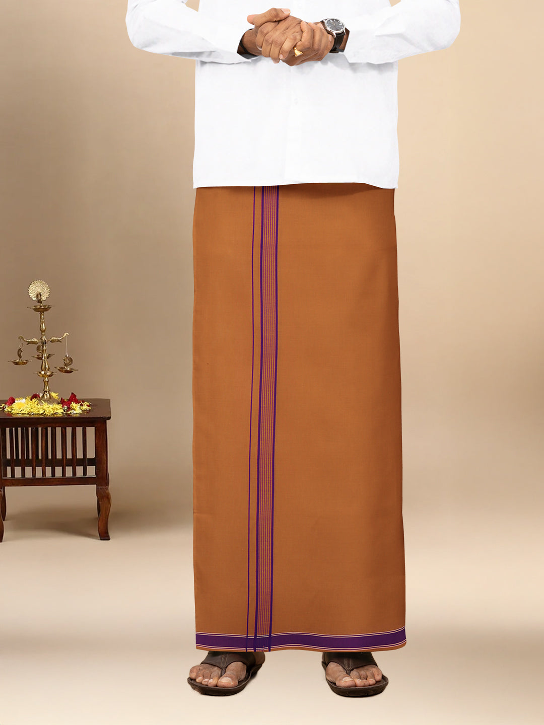 Men Cotton Blend Single Layer Kaavi Dhoti with Fancy Border Charming Line Colour 1