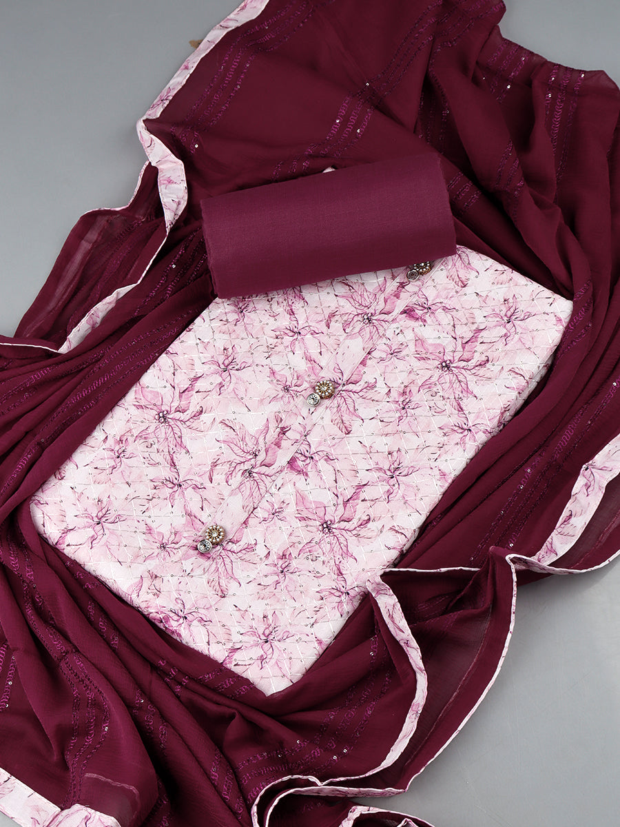 Women's Pink Colour Leaf Design Digital Print Threaded Sequin Unstitched Cotton Dress Material DM132