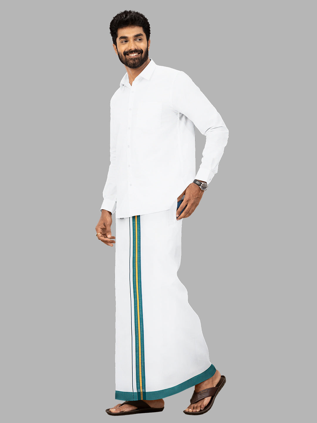 Men Green Fancy Jari Border Single Layer Adjustable Pocket Dhoti GACJ36