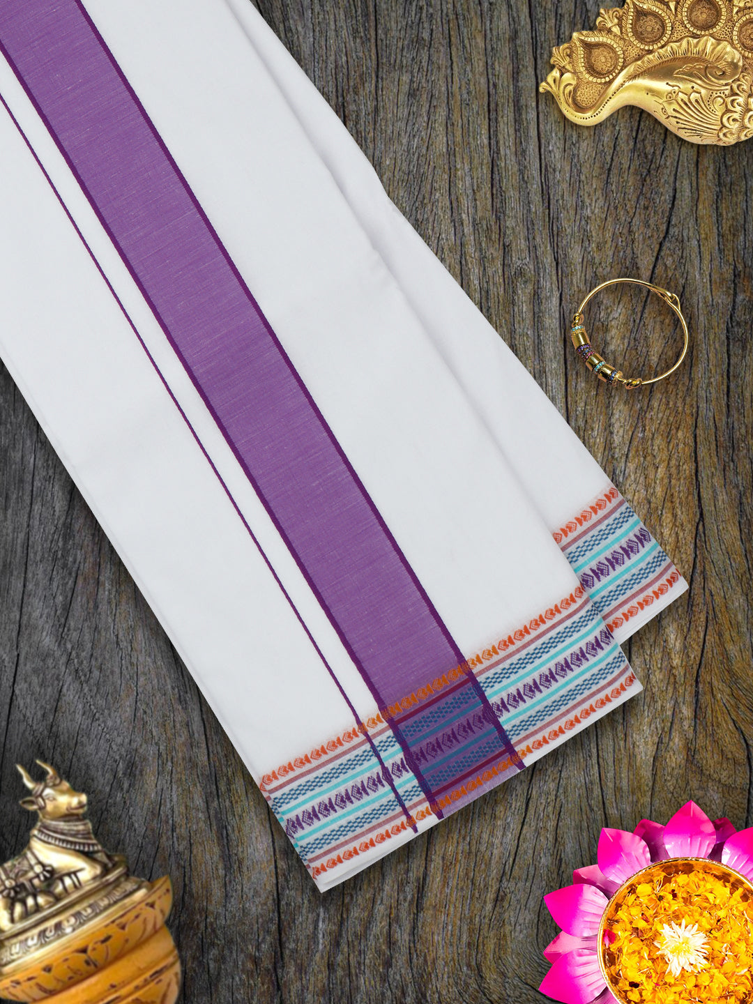 Mens White Panchakacham with Angavasthram Purple Fancy Border Srirasthu (9+5)