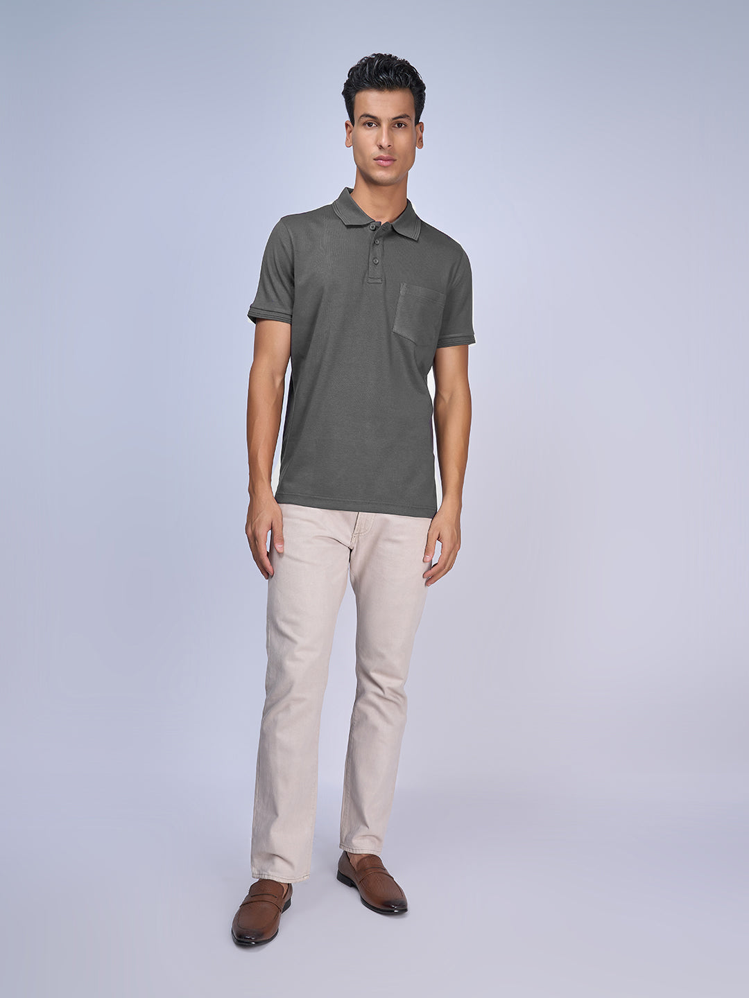 Mens Liquid Polo T-Shirt with Pocket Grey Melange