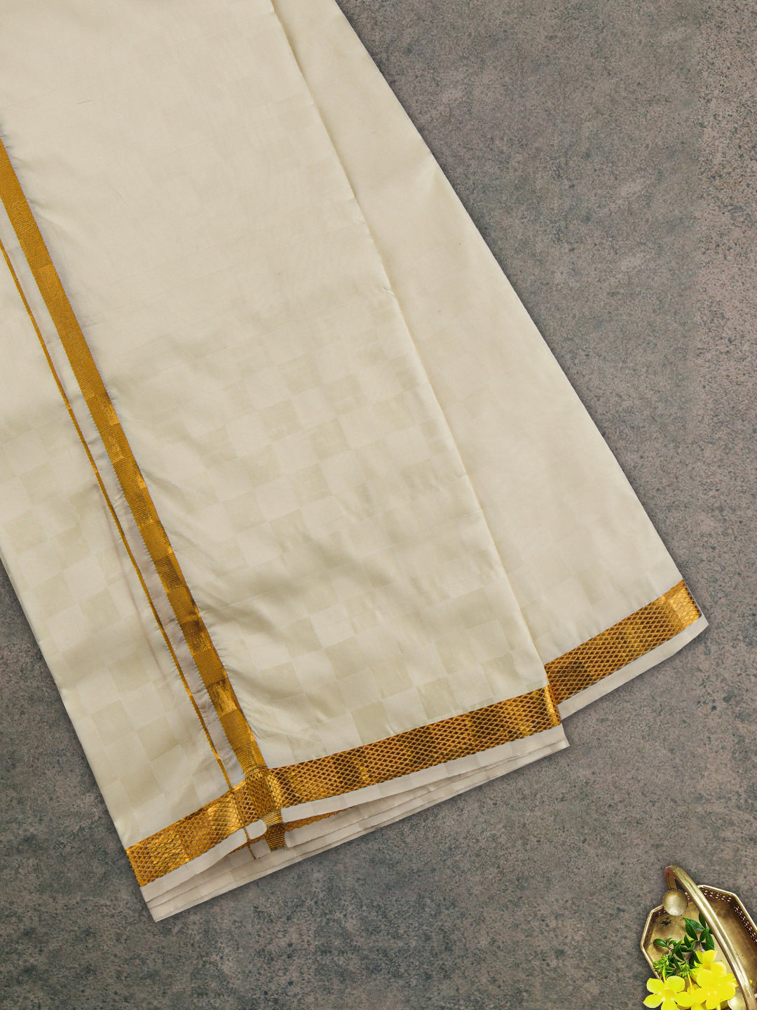 Men Gold Border Double Dhoti & Towel Set Ishwaryam Embose