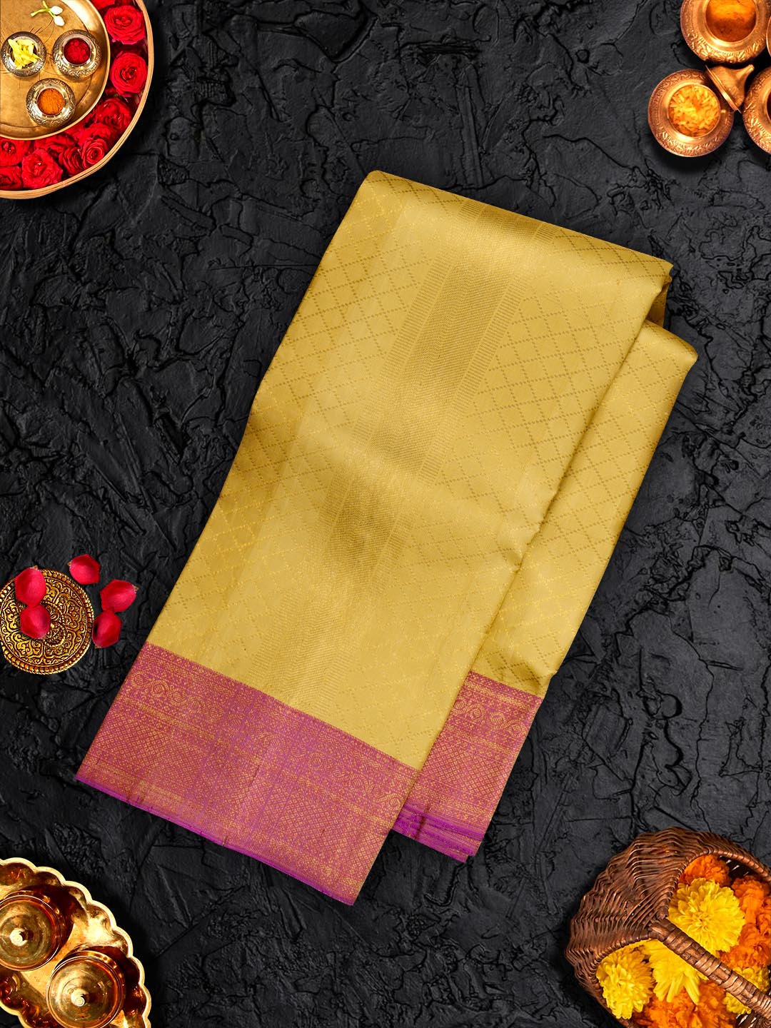 Premium Pure Silk Tissue Dark Cream Dhoti With Angavastram 5" Purple Jari Border Agarshanaa-View two