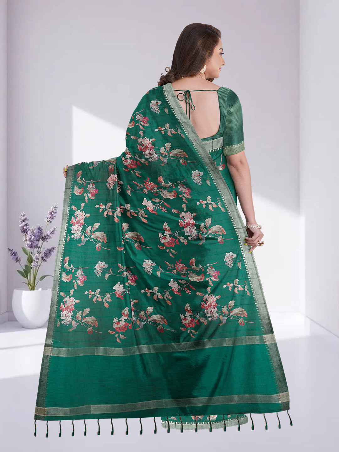Women Pine Green Semi Raw Silk Printed Saree SRS103