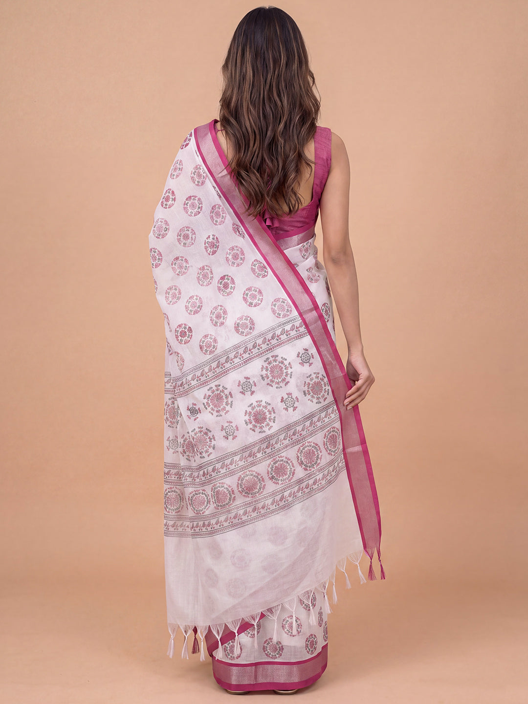 Women Semi Linen White with Purple Printed Saree SL264