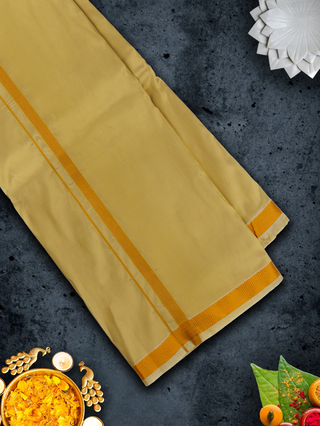 Mens Premium Art Silk Gold Shirting & Gold Jari Border Panchakacham Set 9+5 Ashirwath-View four