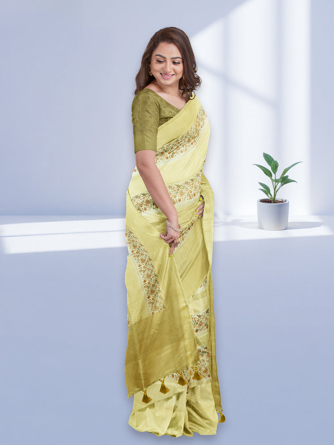 Women Yellow Semi Tussar Printed Saree ST280