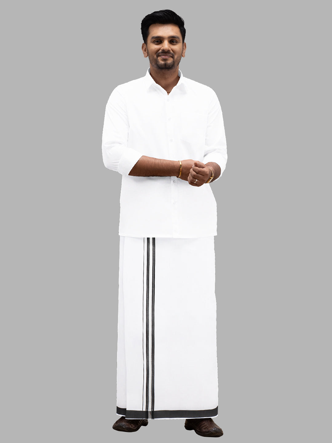Men Single Layer Cotton Blend White Dhoti with Fancy Jari Border