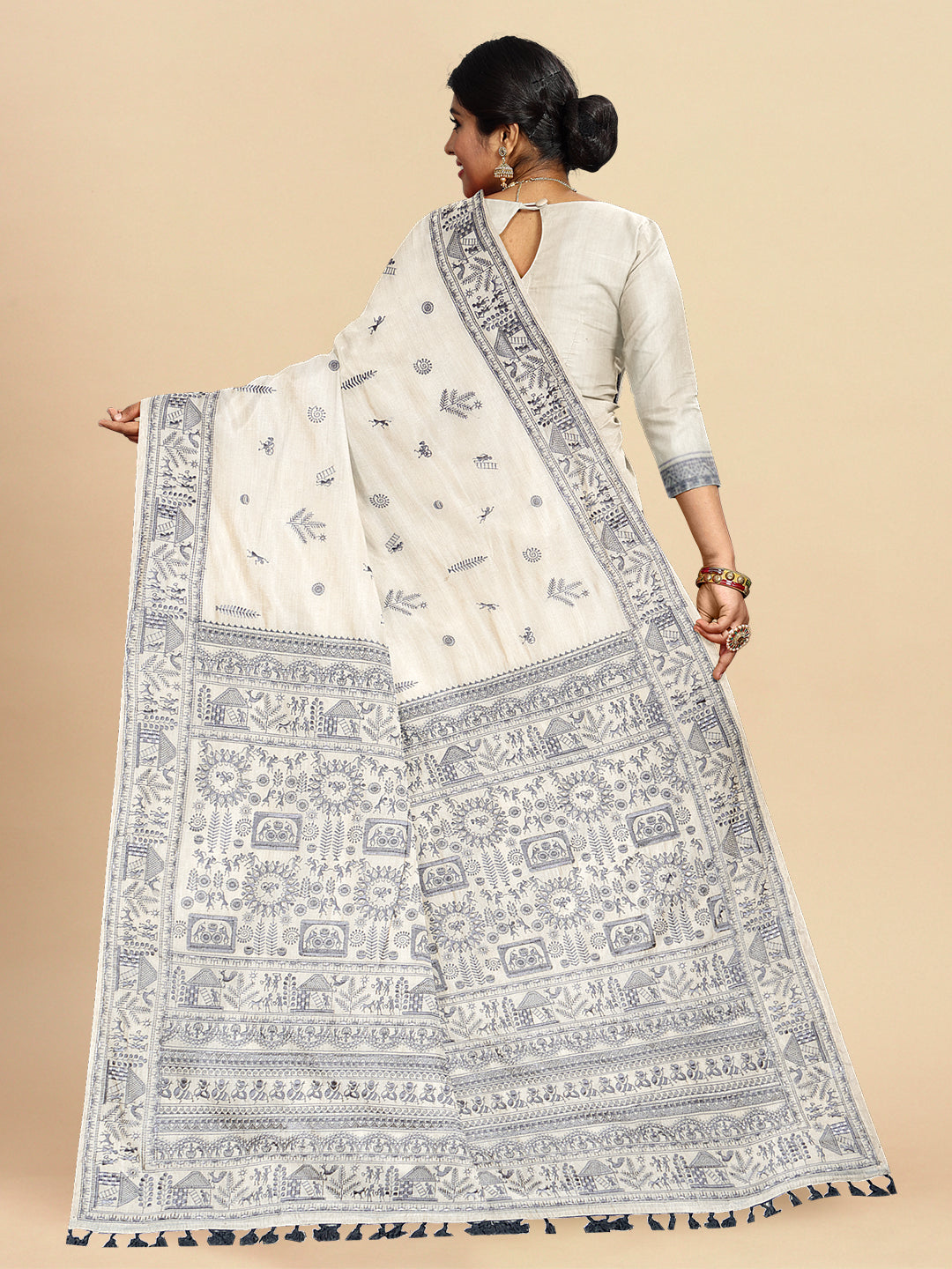 Womens Elegant Semi Tussar Off White With Ash Colour Embroidery Saree ST112