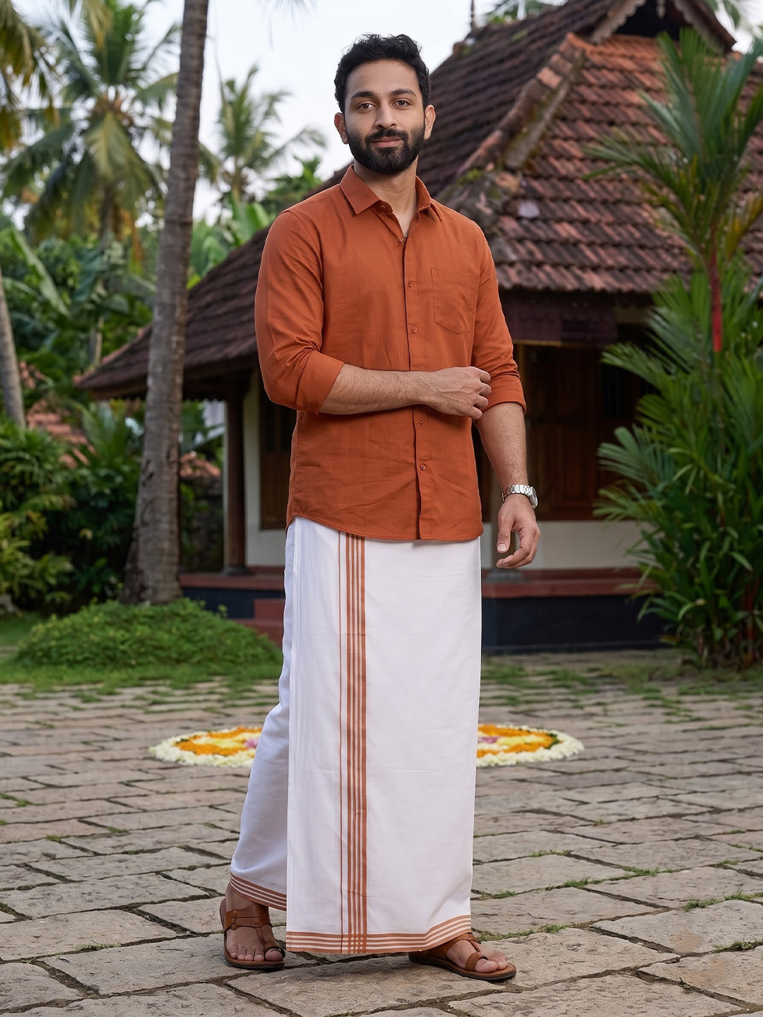 Double Layer 100% Cotton White Dhoti with Colour Border - PJF07