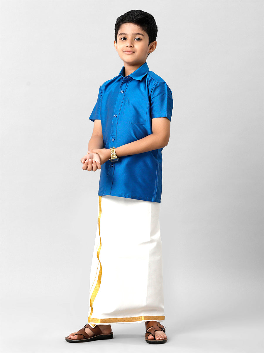 Boys Silk Cotton Royal Blue Half Sleeves Shirt K10-Full view
