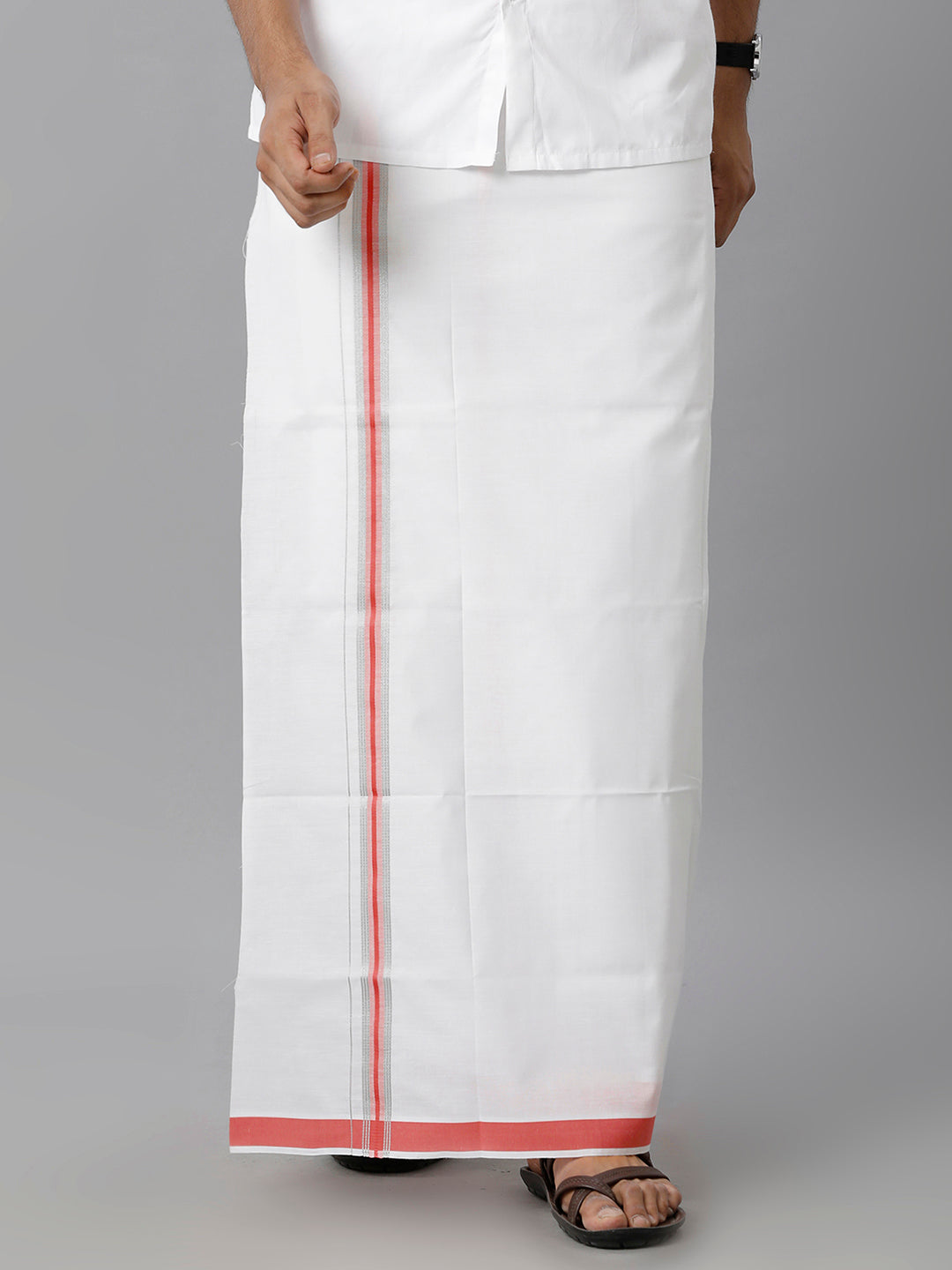 Mens Cotton White Single Dhoti with Red & Silver Border Winner Silver Fancy