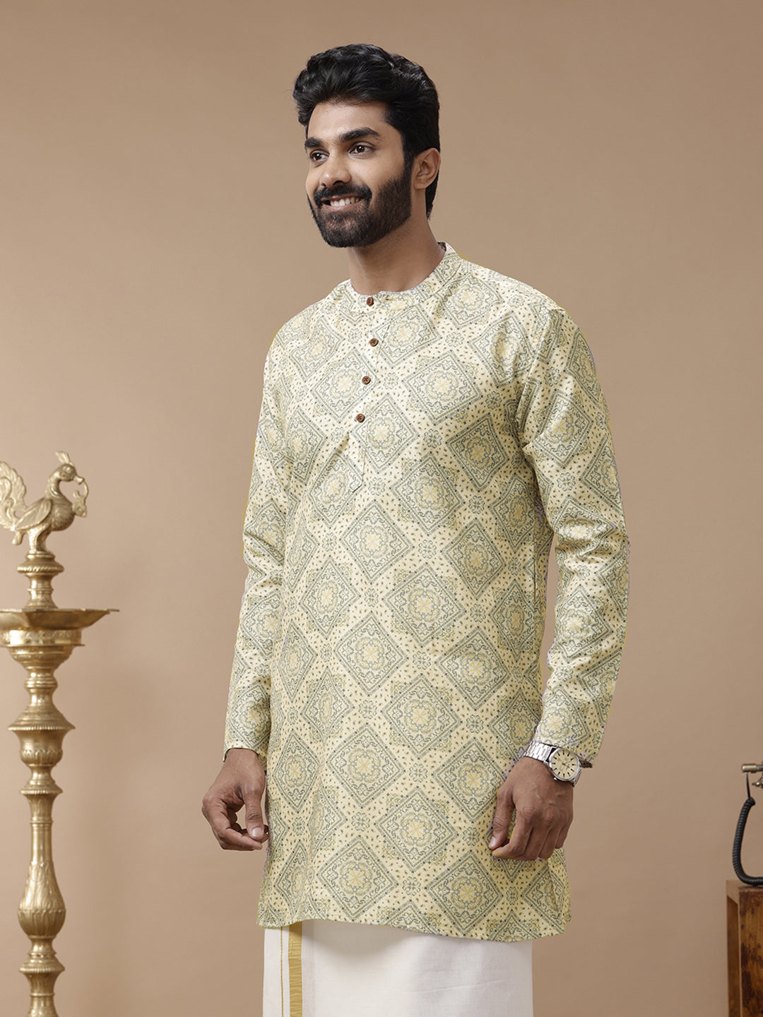 Men Cotton Medium Length Printed Pocket Kurta Yellow RE4