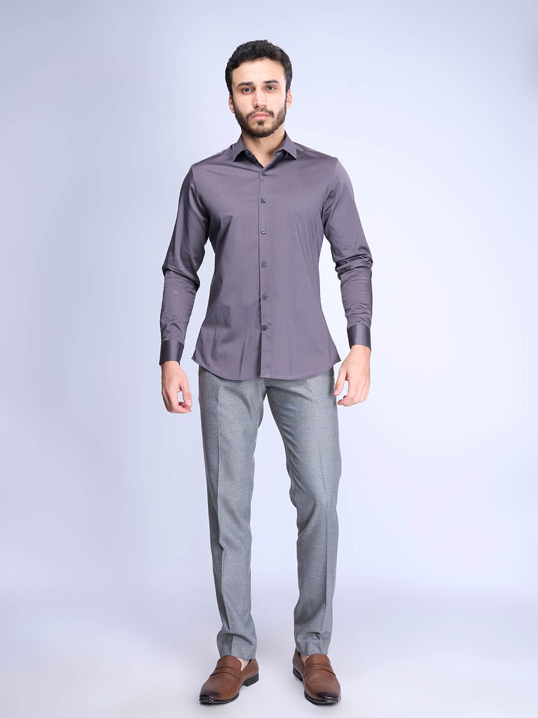 Men Slim Fit Grey Formal Full Sleeve Shirt