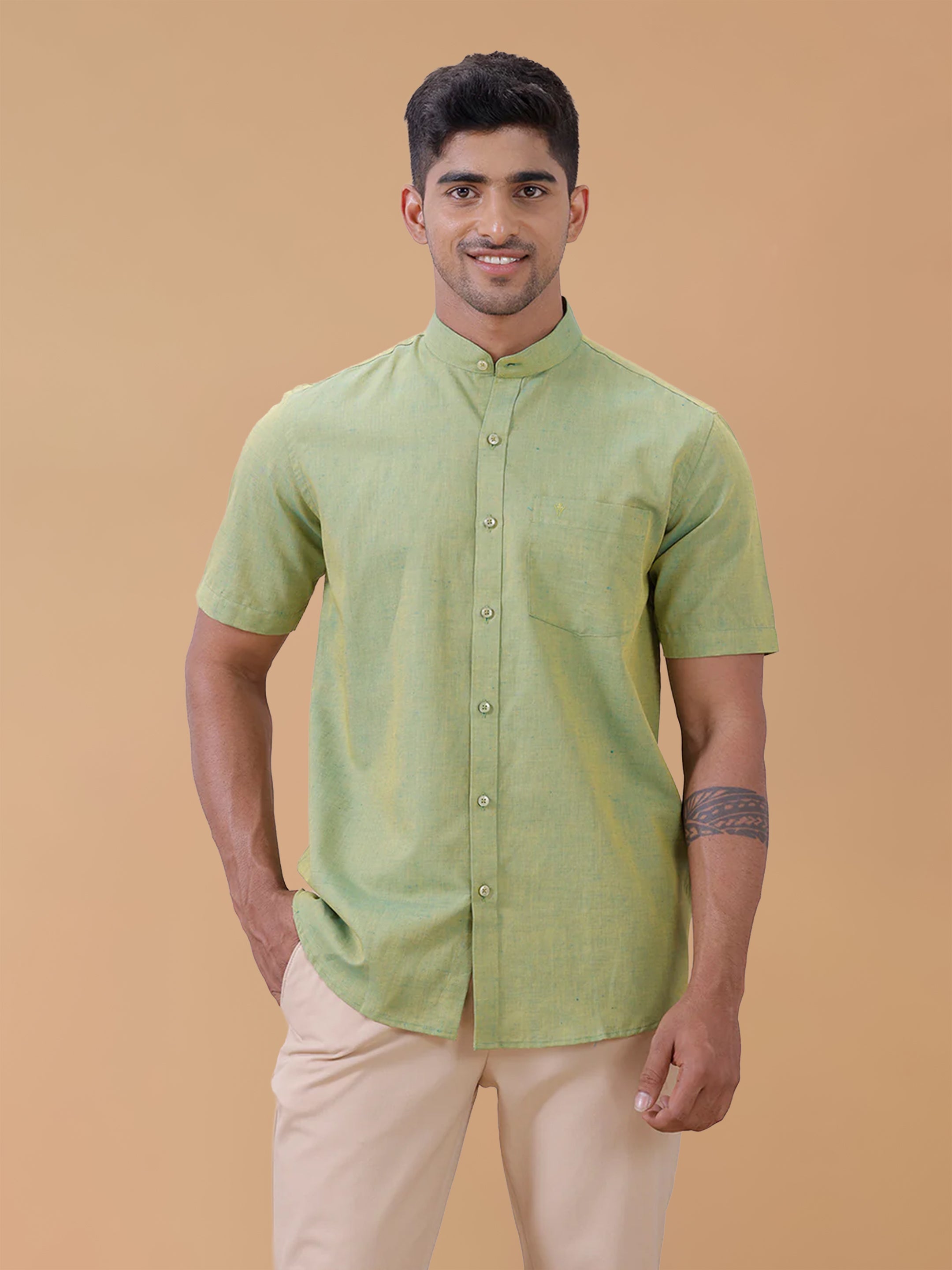 Linen Cotton Yellowish Green Chinese Collar Regular Fit Shirt LF9