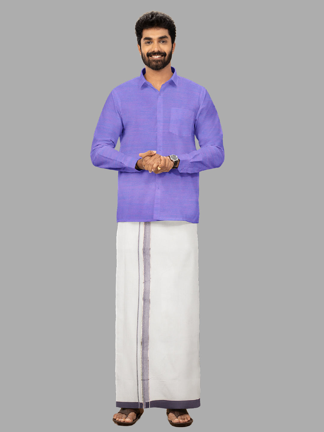 Men Purple Fancy Jari Border Single Dhoti HJF01