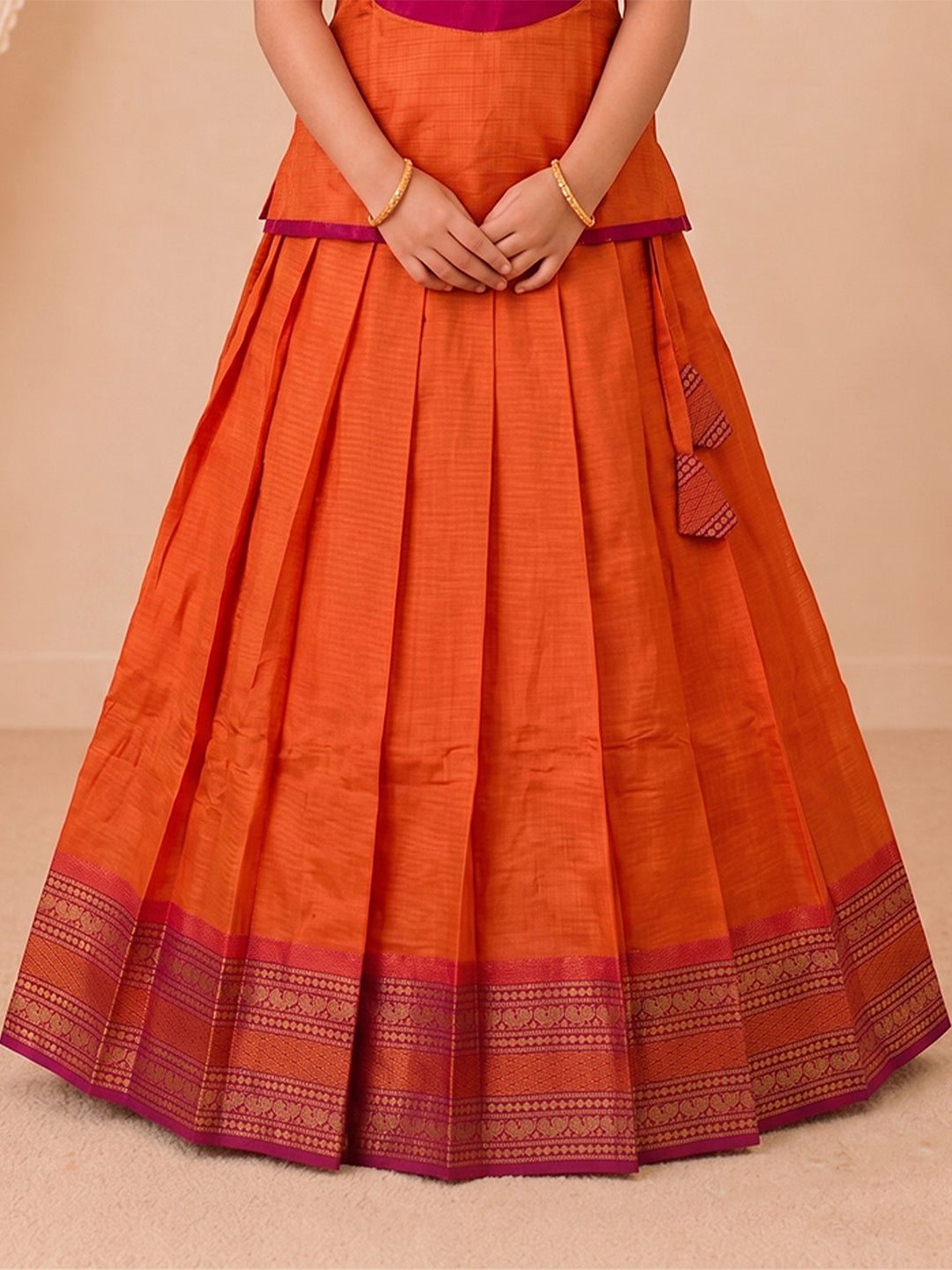 Girls Cotton Orange with Purple Pattu Pavadai Set GPS52