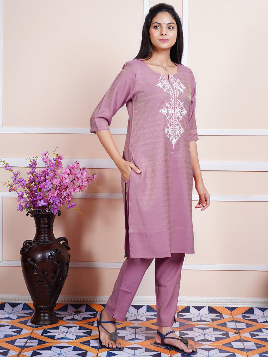 Women Cotton Embroidered Kurti Sets Purple EKS10