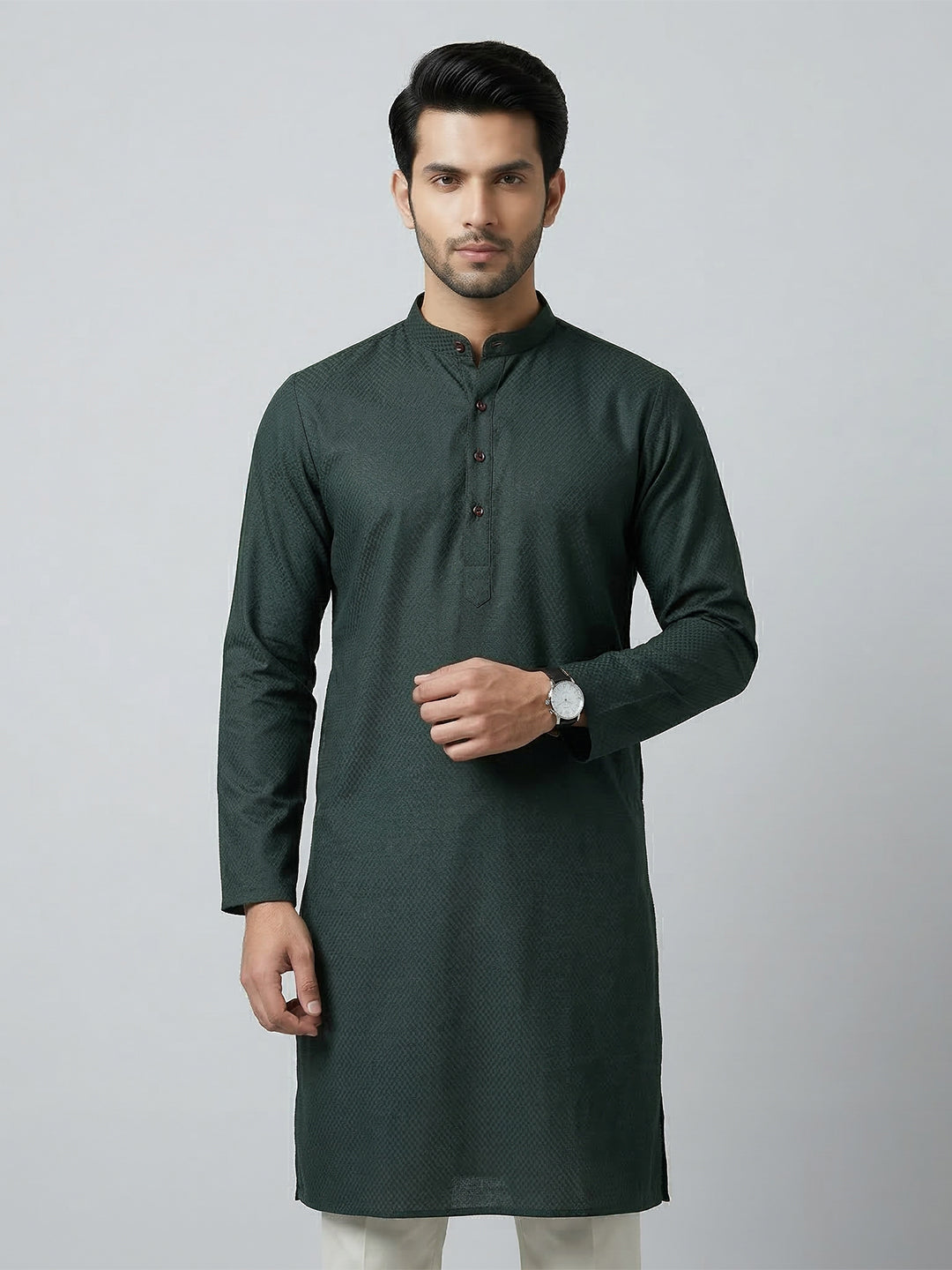 Cotton Medium Length Printed Pocket Kurta Bottle Green MHJ8
