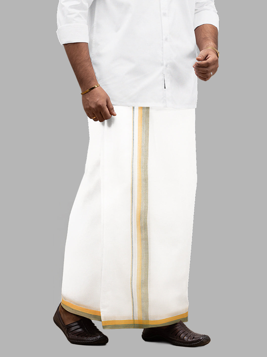 Men Yellow Fancy Border Double Layer White Dhoti RVS01