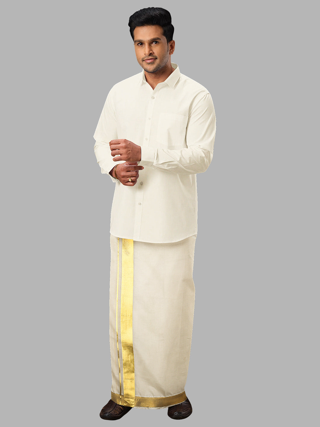 Men Cream with 2" Gold Jari Border Double Layer Kora Dhoti Woven Gold