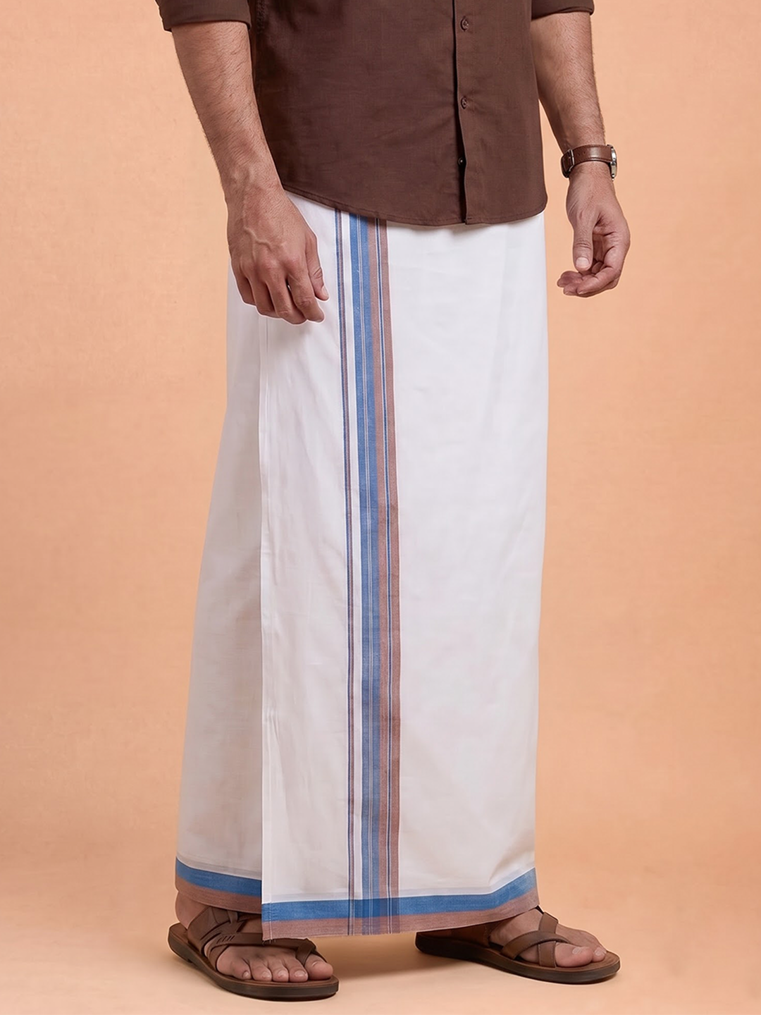 Double Layer 100% Cotton White Dhoti With Colour Jari Border - EJF30