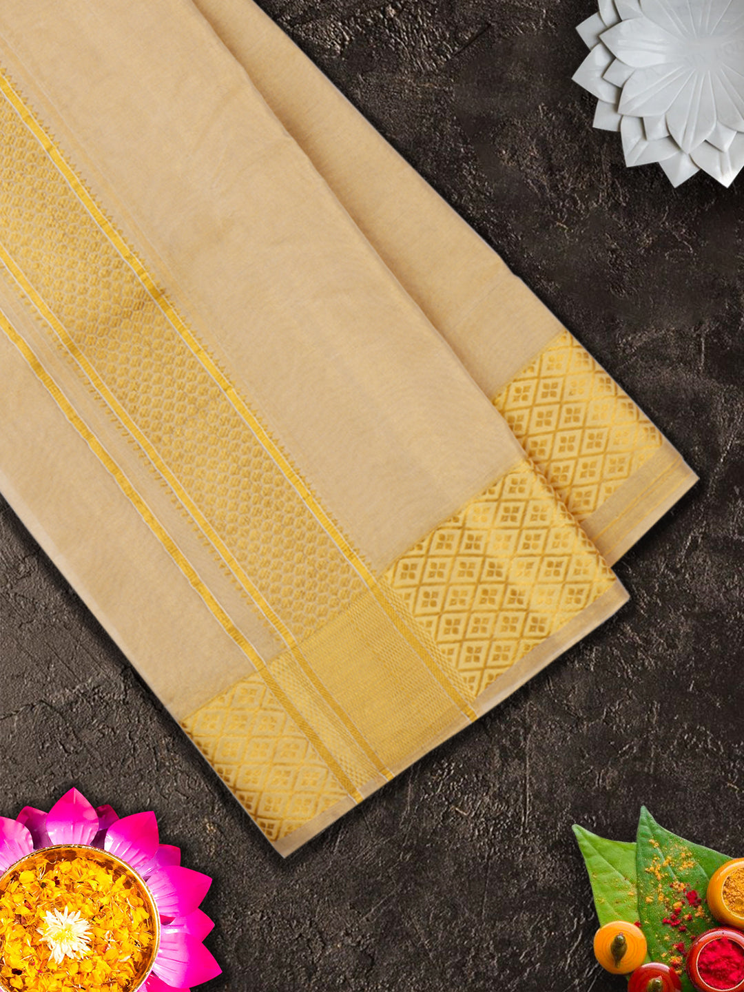 Pure Silk Embossed Tissue 3" Gold Jari Border Dhoti With Towel Thirukalyan (9+5)-View three